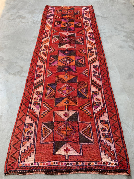 12'9 x 4'5 Hand-Knotted Persian Wool Runner - Rust Geometric Tribal Diamond Design - KBHM-907