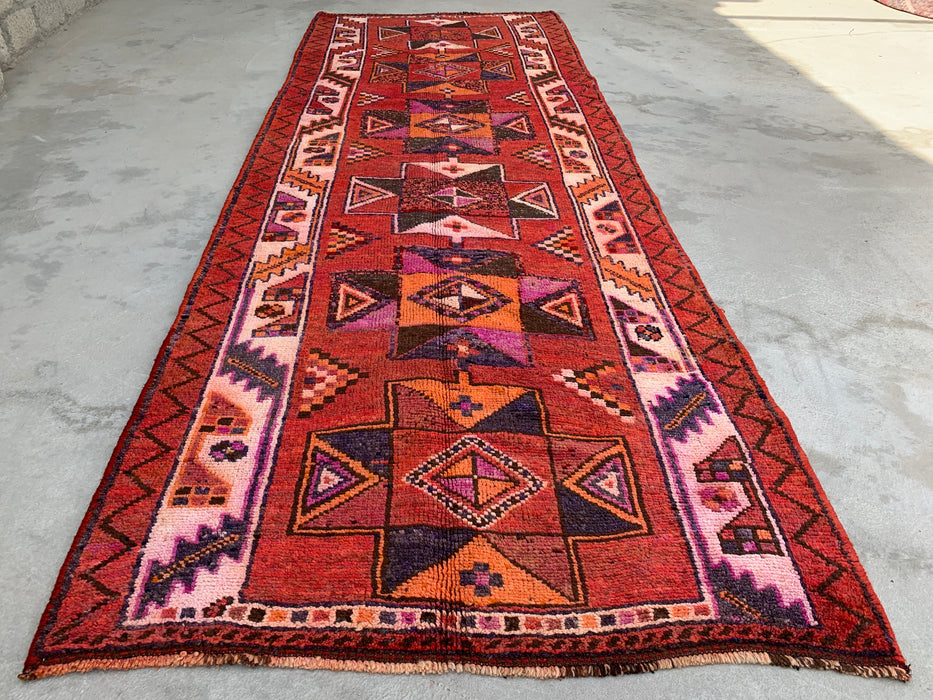12'9 x 4'5 Hand-Knotted Persian Wool Runner - Rust Geometric Tribal Diamond Design - KBHM-907