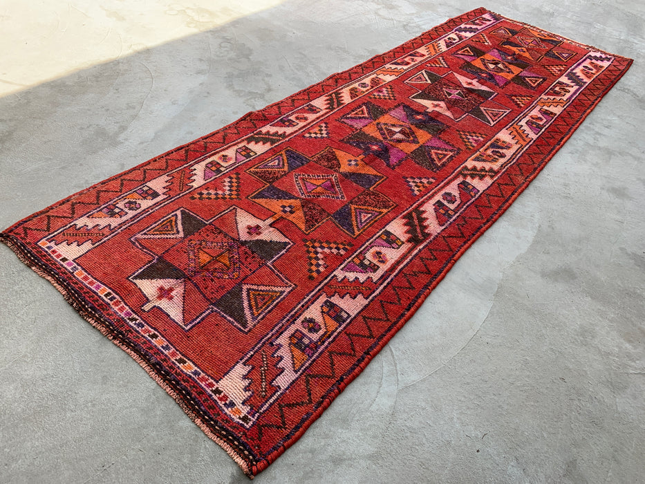 12'9 x 4'5 Hand-Knotted Persian Wool Runner - Rust Geometric Tribal Diamond Design - KBHM-907