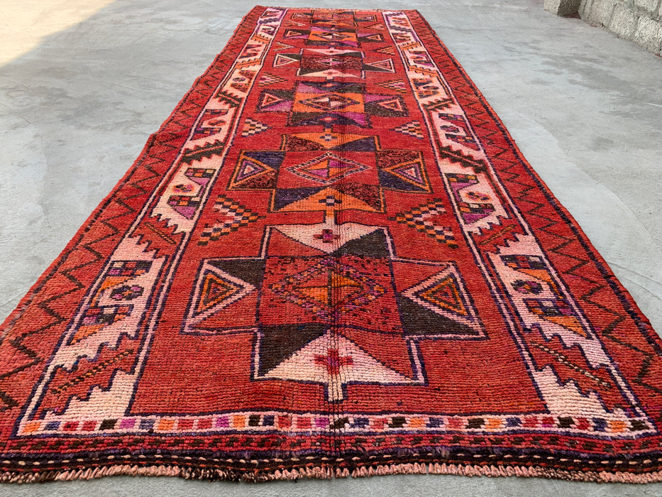 12'9 x 4'5 Hand-Knotted Persian Wool Runner - Rust Geometric Tribal Diamond Design - KBHM-907