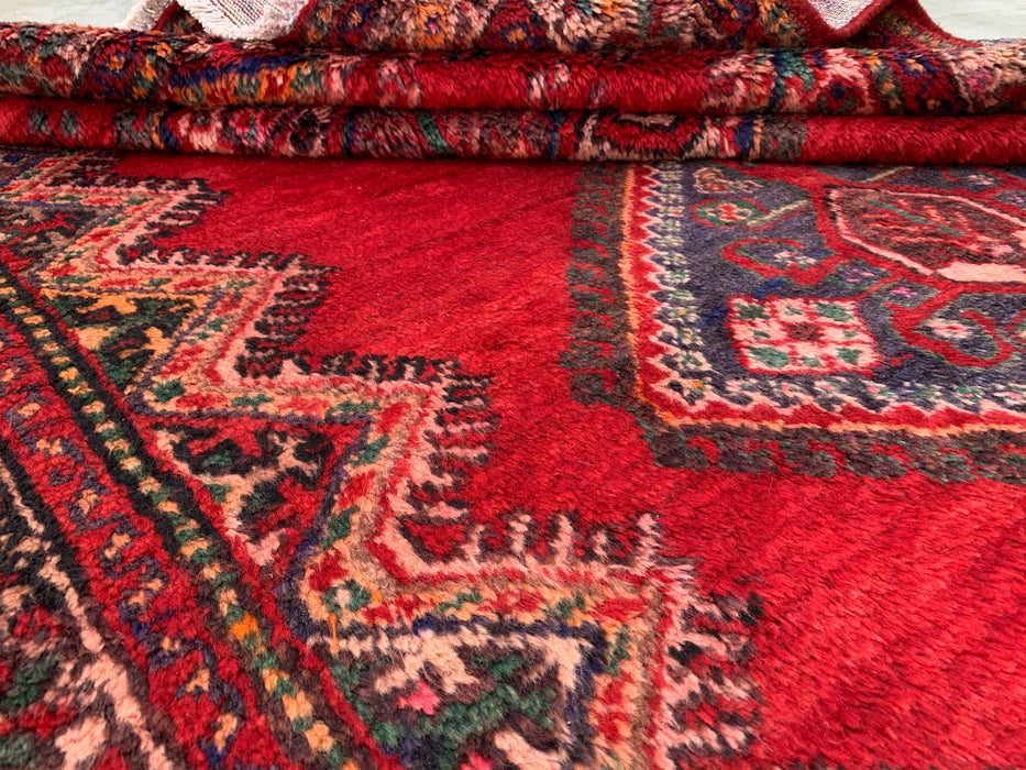 9'2 x 5'2 Hand-Knotted Persian Wool Rug - Red Tribal Medallion Design with Navy Accents - KBHM-908