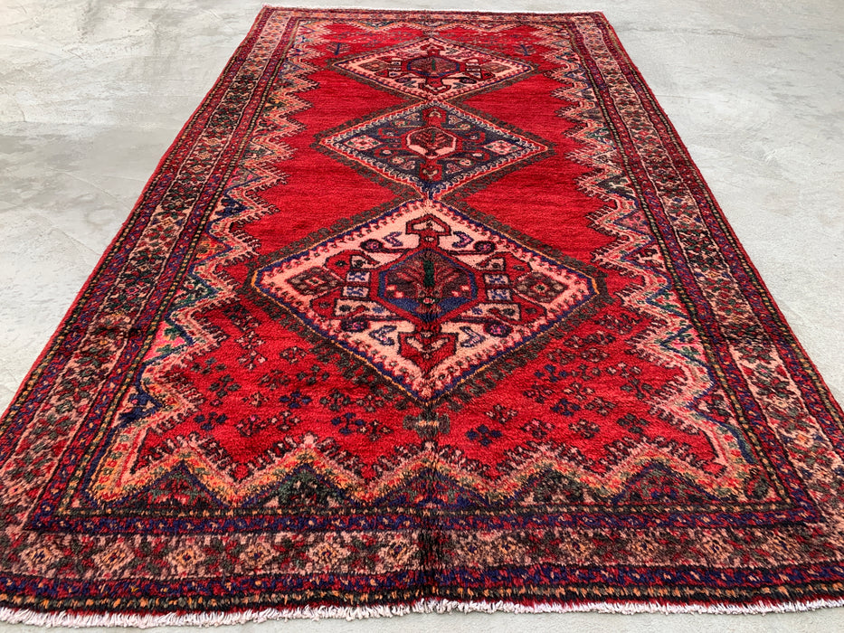 9'2 x 5'2 Hand-Knotted Persian Wool Rug - Red Tribal Medallion Design with Navy Accents - KBHM-908