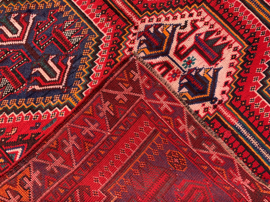 7'10 x 5'0 Hand-Knotted Persian Wool Rug - Red Tribal Geometric Medallion Design with Blue Accents - KBHM-910