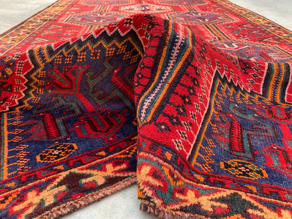 7'10 x 5'0 Hand-Knotted Persian Wool Rug - Red Tribal Geometric Medallion Design with Blue Accents - KBHM-910