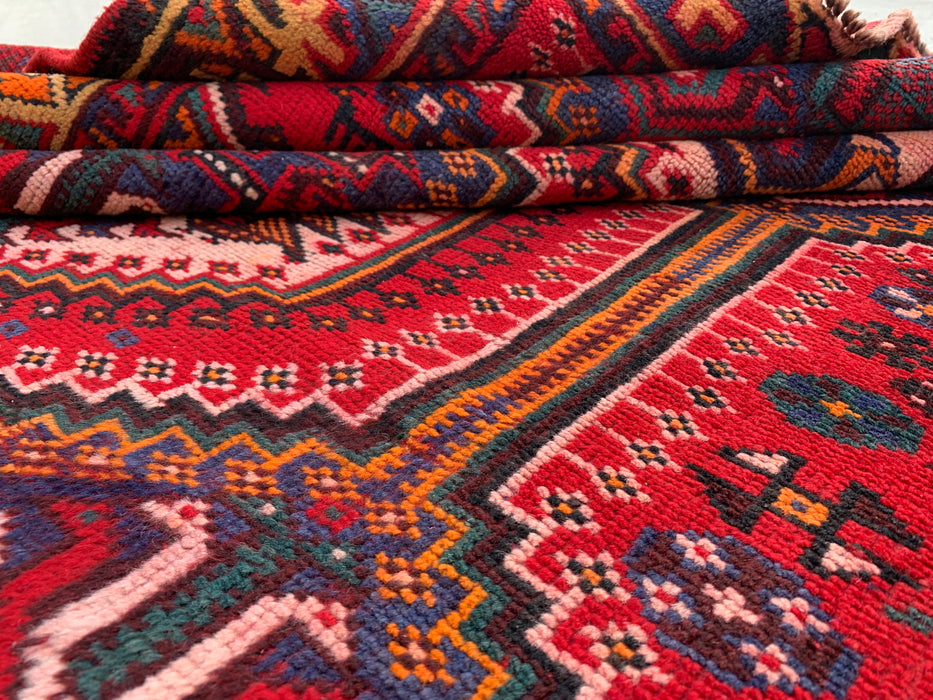 7'10 x 5'0 Hand-Knotted Persian Wool Rug - Red Tribal Geometric Medallion Design with Blue Accents - KBHM-910