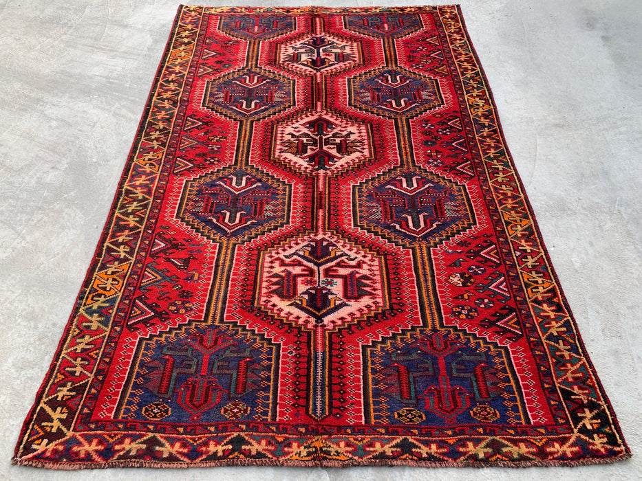 7'10 x 5'0 Hand-Knotted Persian Wool Rug - Red Tribal Geometric Medallion Design with Blue Accents - KBHM-910