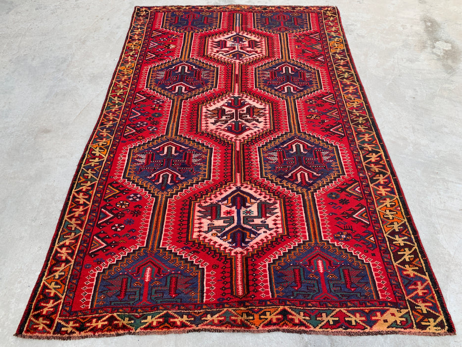 7'10 x 5'0 Hand-Knotted Persian Wool Rug - Red Tribal Geometric Medallion Design with Blue Accents - KBHM-910