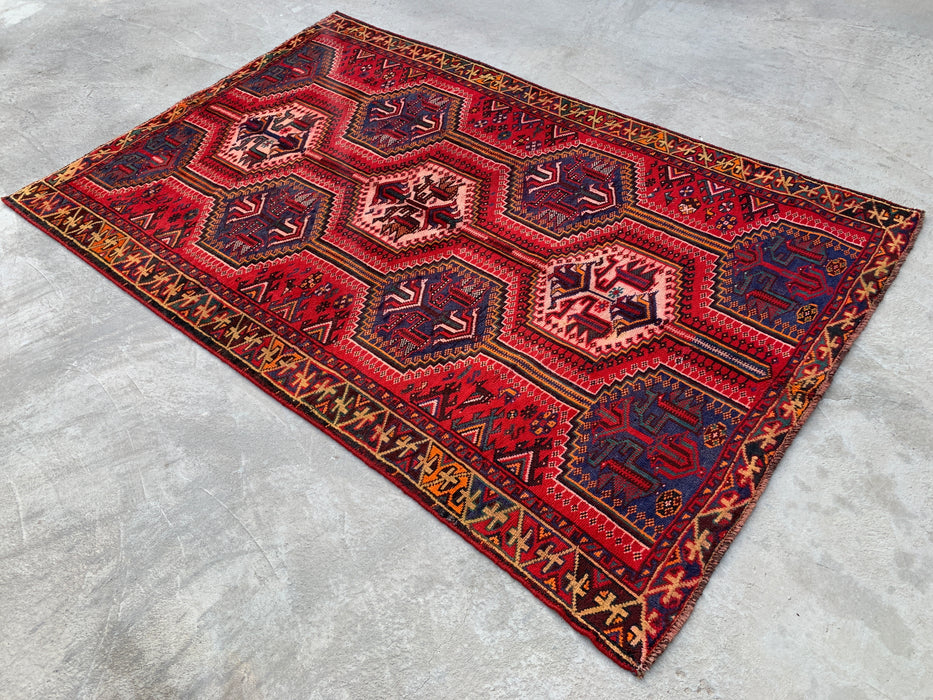 7'10 x 5'0 Hand-Knotted Persian Wool Rug - Red Tribal Geometric Medallion Design with Blue Accents - KBHM-910