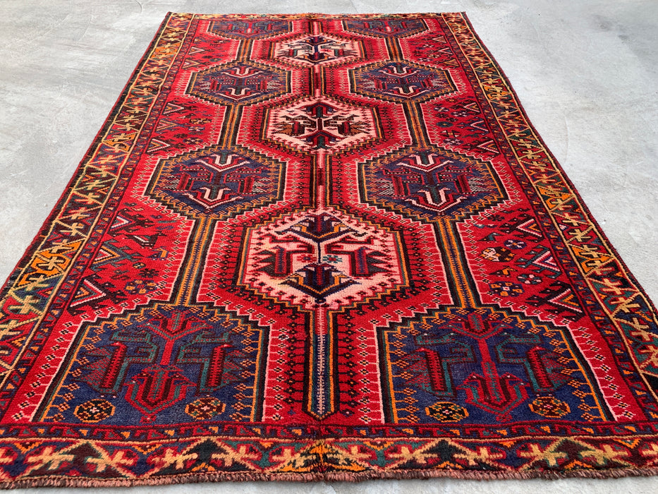 7'10 x 5'0 Hand-Knotted Persian Wool Rug - Red Tribal Geometric Medallion Design with Blue Accents - KBHM-910