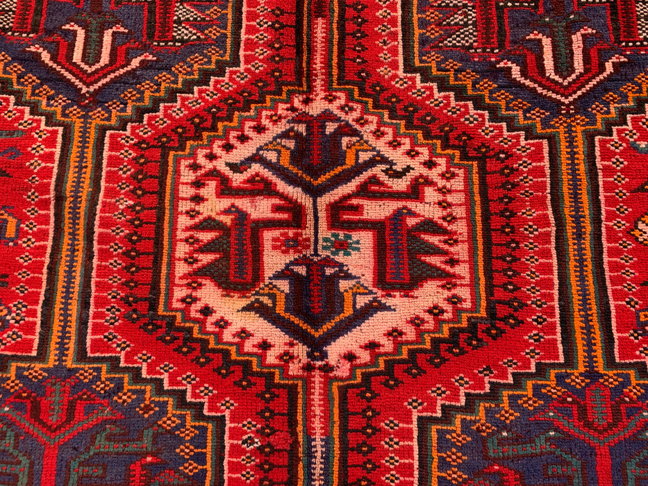 7'10 x 5'0 Hand-Knotted Persian Wool Rug - Red Tribal Geometric Medallion Design with Blue Accents - KBHM-910