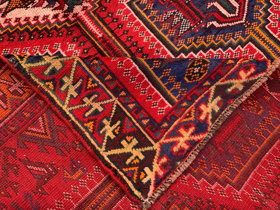 7'10 x 5'0 Hand-Knotted Persian Wool Rug - Red Tribal Geometric Medallion Design with Blue Accents - KBHM-910