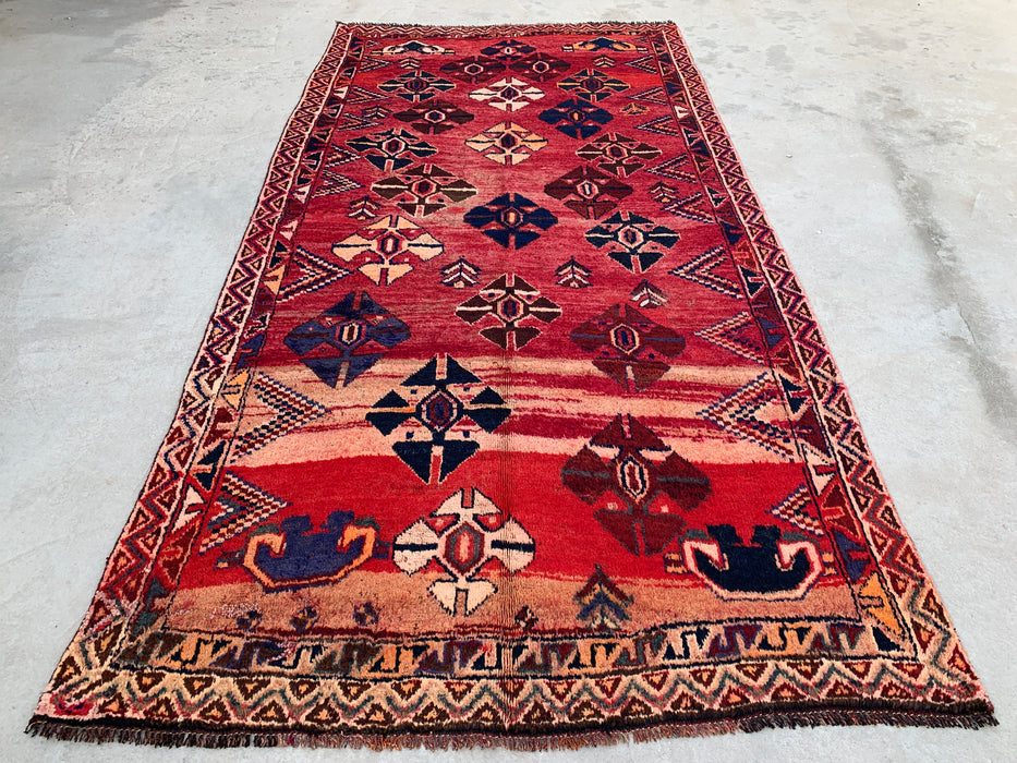8'7 x 4'4 Hand-Knotted Persian Wool Rug - Red Geometric Tribal Diamond Design - KBHM-912