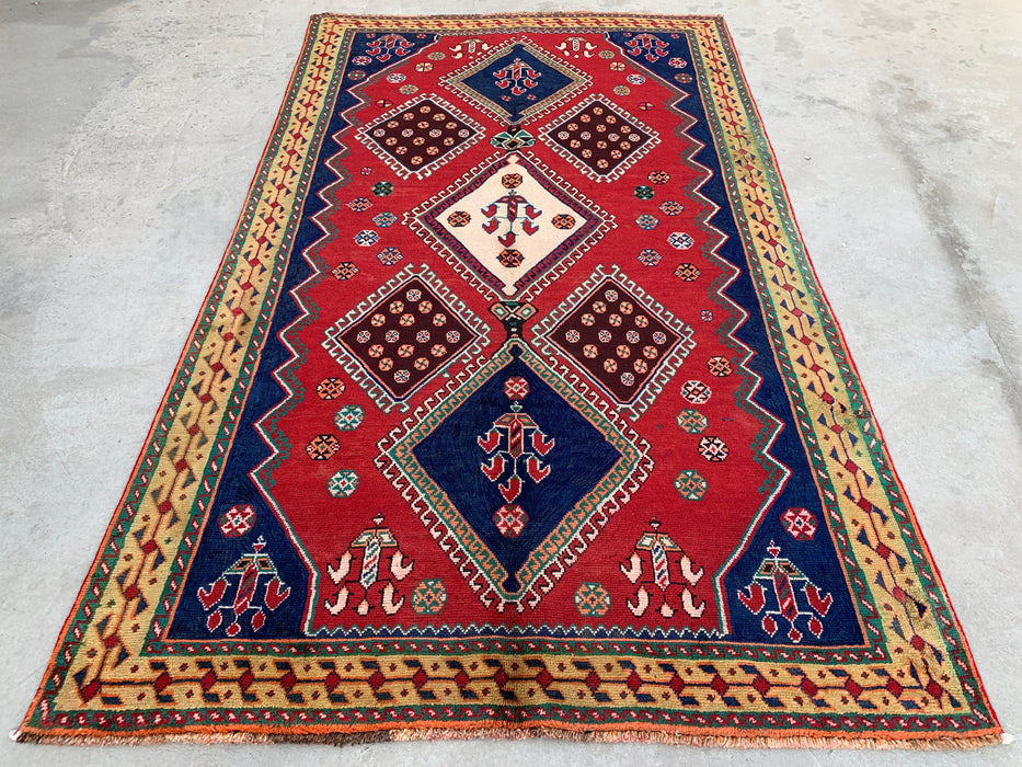 7'11 x 4'9 Hand-Knotted Persian Wool Rug - Red Geometric Tribal Medallion Design - KBHM-915