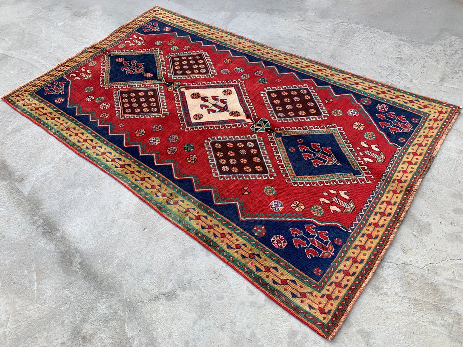 7'11 x 4'9 Hand-Knotted Persian Wool Rug - Red Geometric Tribal Medallion Design - KBHM-915