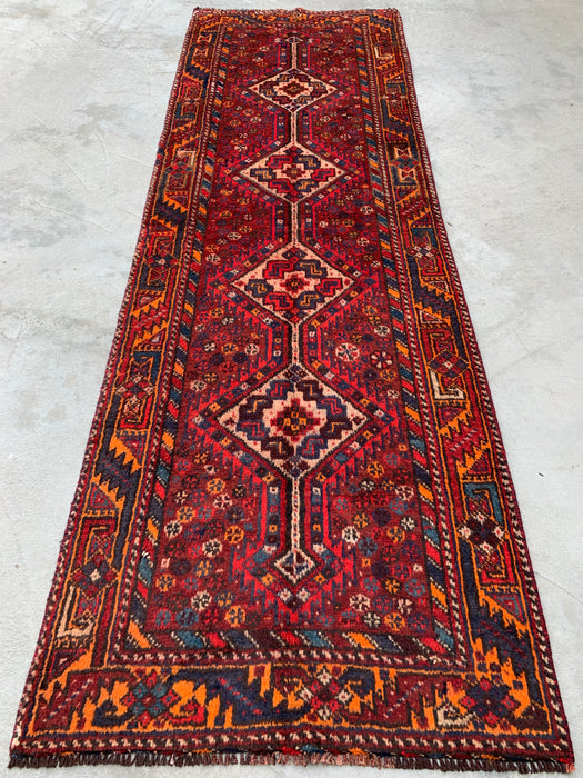 9'4 x 3'1 Hand-Knotted Persian Wool Runner - Red Tribal Diamond Medallion Design - KBHM-916