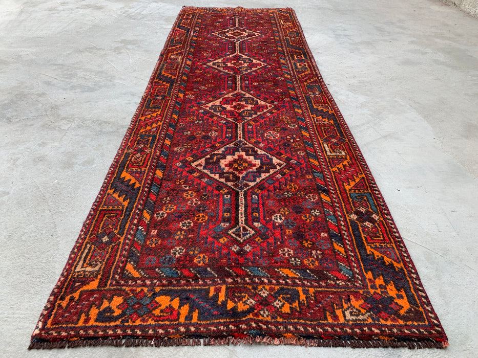 9'4 x 3'1 Hand-Knotted Persian Wool Runner - Red Tribal Diamond Medallion Design - KBHM-916