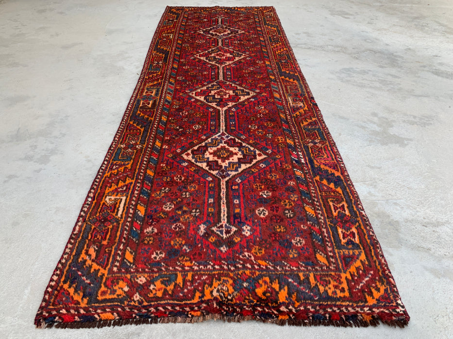 9'4 x 3'1 Hand-Knotted Persian Wool Runner - Red Tribal Diamond Medallion Design - KBHM-916