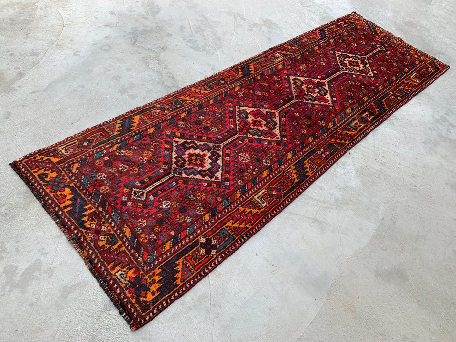 9'4 x 3'1 Hand-Knotted Persian Wool Runner - Red Tribal Diamond Medallion Design - KBHM-916