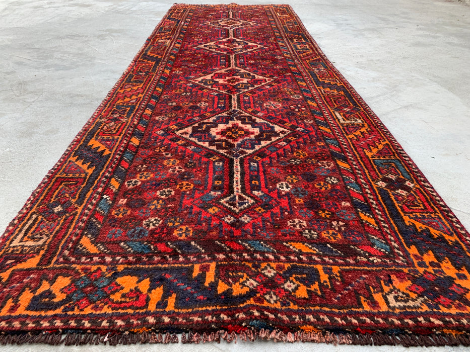 9'4 x 3'1 Hand-Knotted Persian Wool Runner - Red Tribal Diamond Medallion Design - KBHM-916