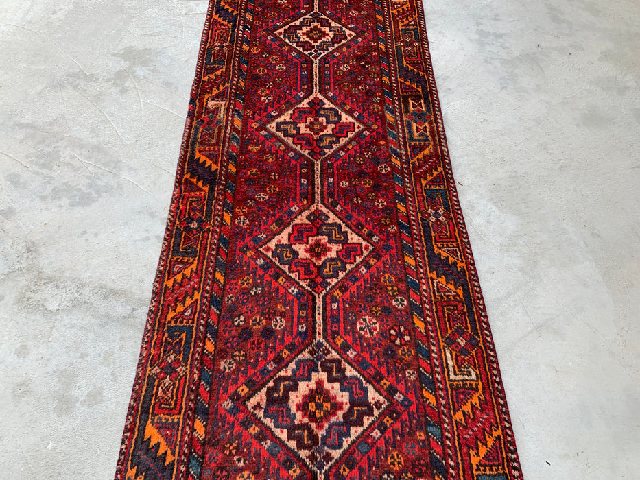 9'4 x 3'1 Hand-Knotted Persian Wool Runner - Red Tribal Diamond Medallion Design - KBHM-916