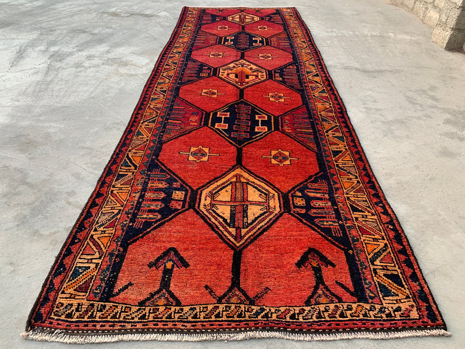 13'5 x 4'7 Hand-Knotted Persian Wool Runner - Rust Geometric Tribal Medallion Design - KBHM-918