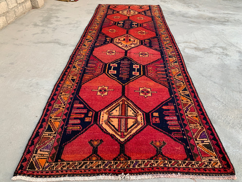 13'5 x 4'7 Hand-Knotted Persian Wool Runner - Rust Geometric Tribal Medallion Design - KBHM-918