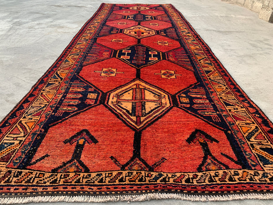 13'5 x 4'7 Hand-Knotted Persian Wool Runner - Rust Geometric Tribal Medallion Design - KBHM-918