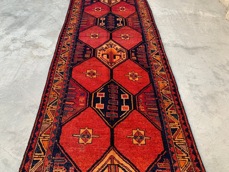 13'5 x 4'7 Hand-Knotted Persian Wool Runner - Rust Geometric Tribal Medallion Design - KBHM-918