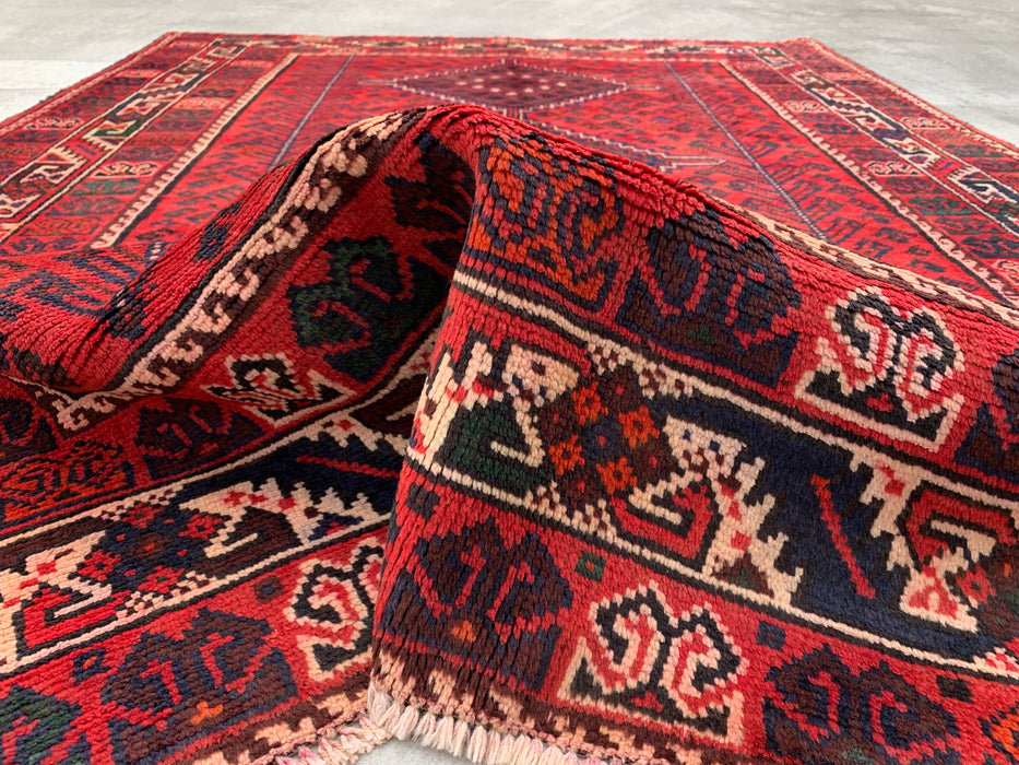 7'1 x 5'2 Hand-Knotted Persian Wool Rug - Red Tribal Diamond Medallion Design - KBHM-919