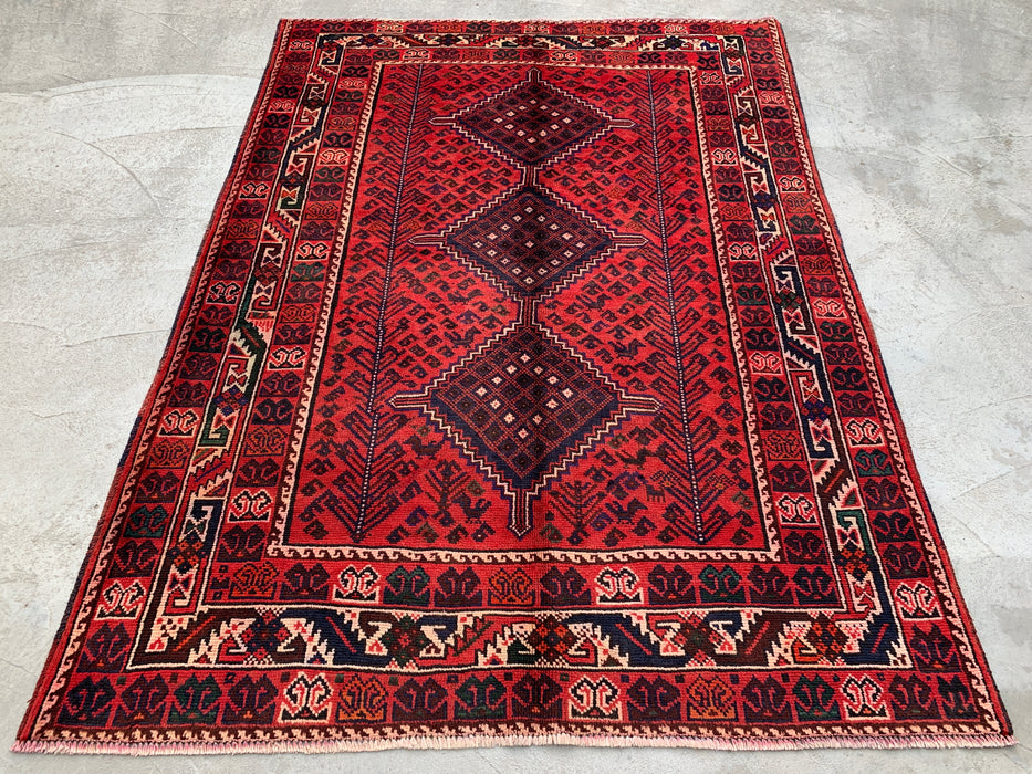 7'1 x 5'2 Hand-Knotted Persian Wool Rug - Red Tribal Diamond Medallion Design - KBHM-919