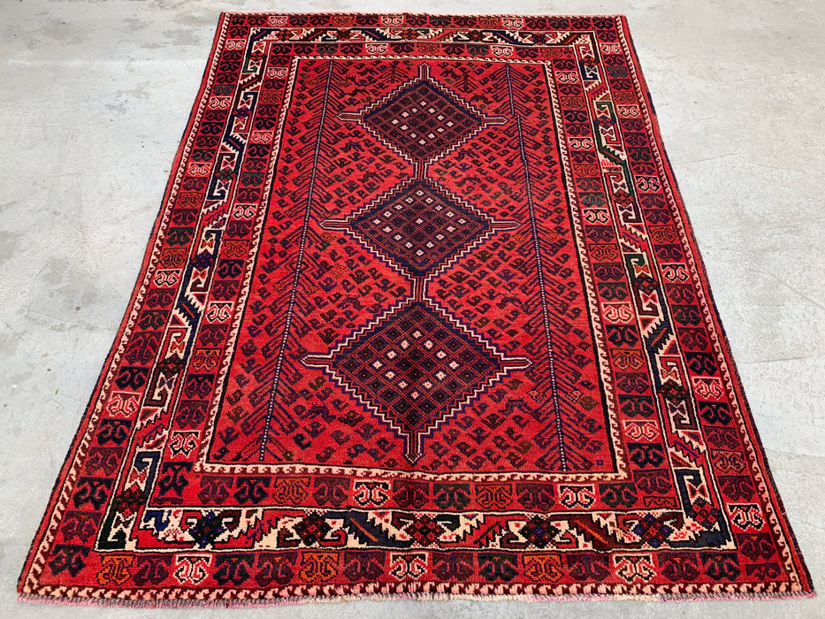 7'1 x 5'2 Hand-Knotted Persian Wool Rug - Red Tribal Diamond Medallion Design - KBHM-919