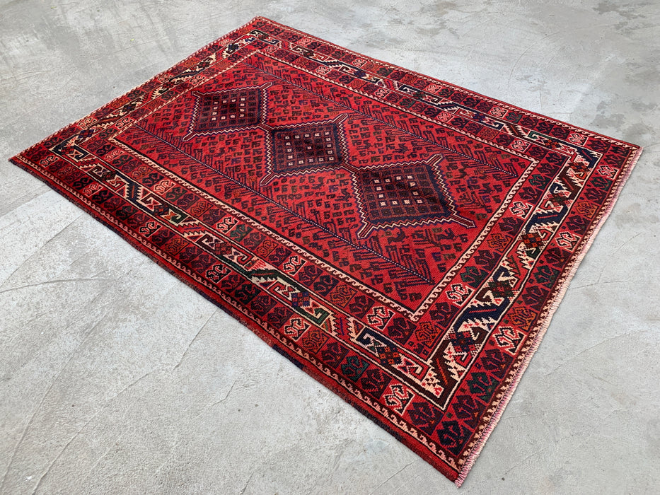 7'1 x 5'2 Hand-Knotted Persian Wool Rug - Red Tribal Diamond Medallion Design - KBHM-919