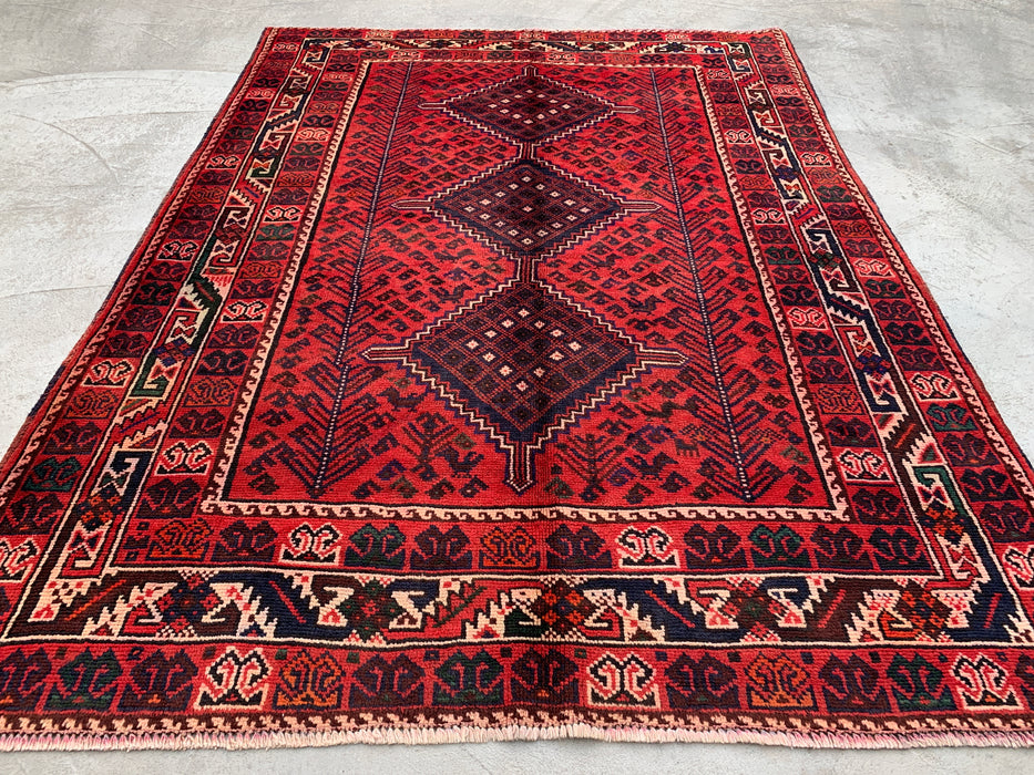 7'1 x 5'2 Hand-Knotted Persian Wool Rug - Red Tribal Diamond Medallion Design - KBHM-919