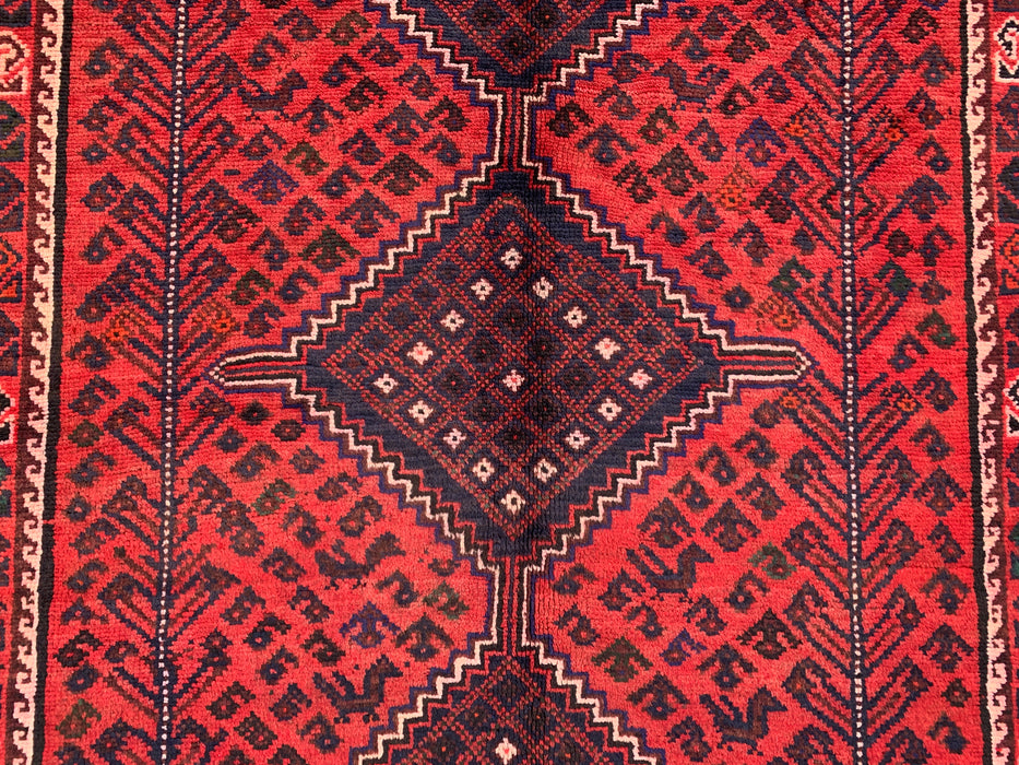 7'1 x 5'2 Hand-Knotted Persian Wool Rug - Red Tribal Diamond Medallion Design - KBHM-919