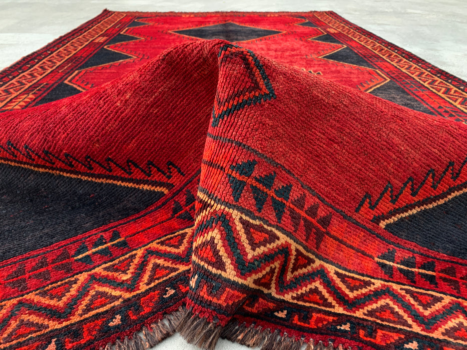 9'3 x 5'4 Hand-Knotted Persian Wool Rug - Red Geometric Tribal Diamond Design - KBHM-925