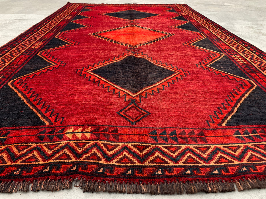 9'3 x 5'4 Hand-Knotted Persian Wool Rug - Red Geometric Tribal Diamond Design - KBHM-925