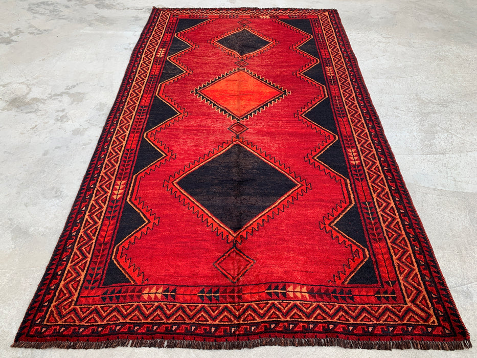 9'3 x 5'4 Hand-Knotted Persian Wool Rug - Red Geometric Tribal Diamond Design - KBHM-925