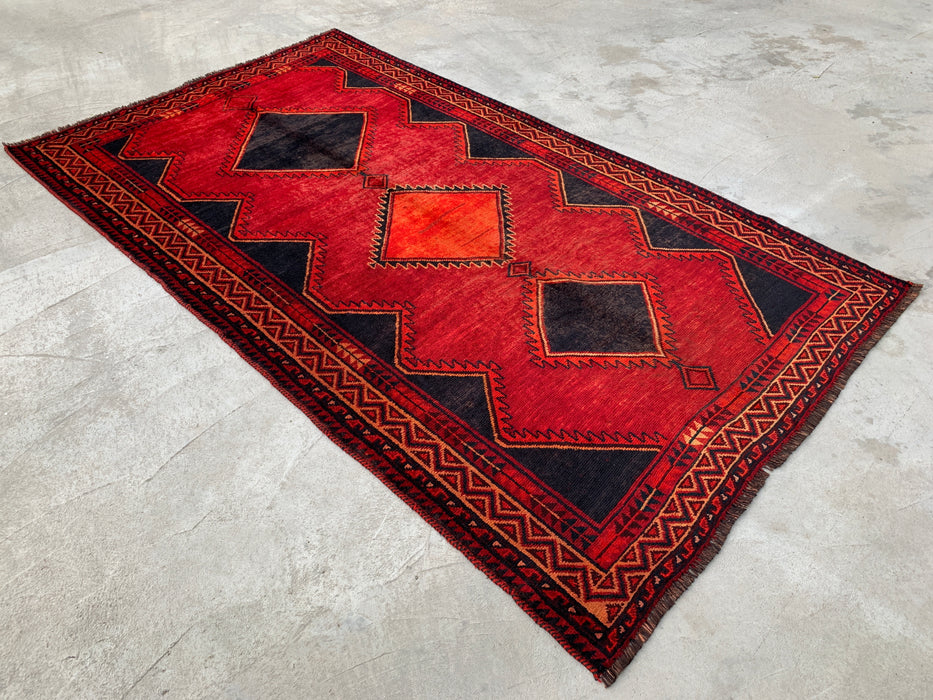 9'3 x 5'4 Hand-Knotted Persian Wool Rug - Red Geometric Tribal Diamond Design - KBHM-925