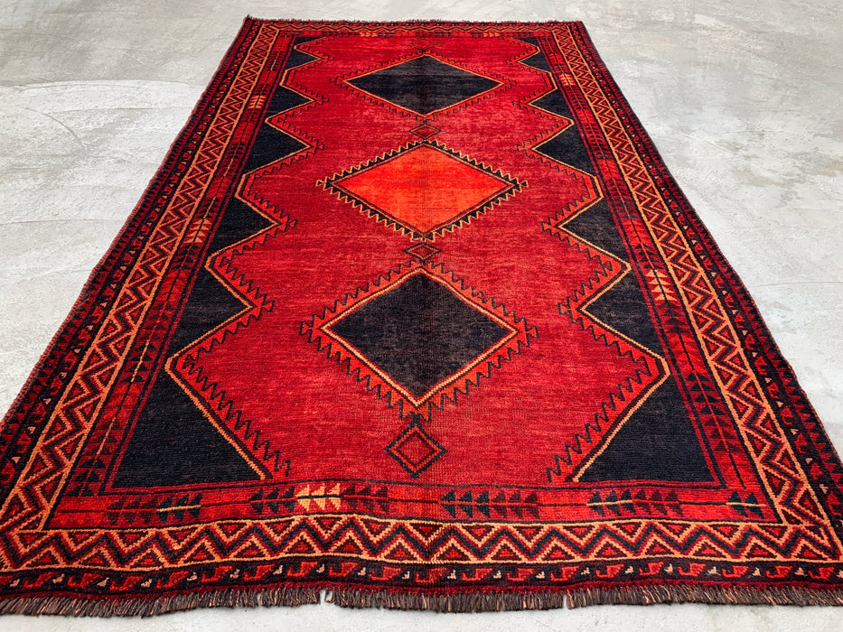9'3 x 5'4 Hand-Knotted Persian Wool Rug - Red Geometric Tribal Diamond Design - KBHM-925