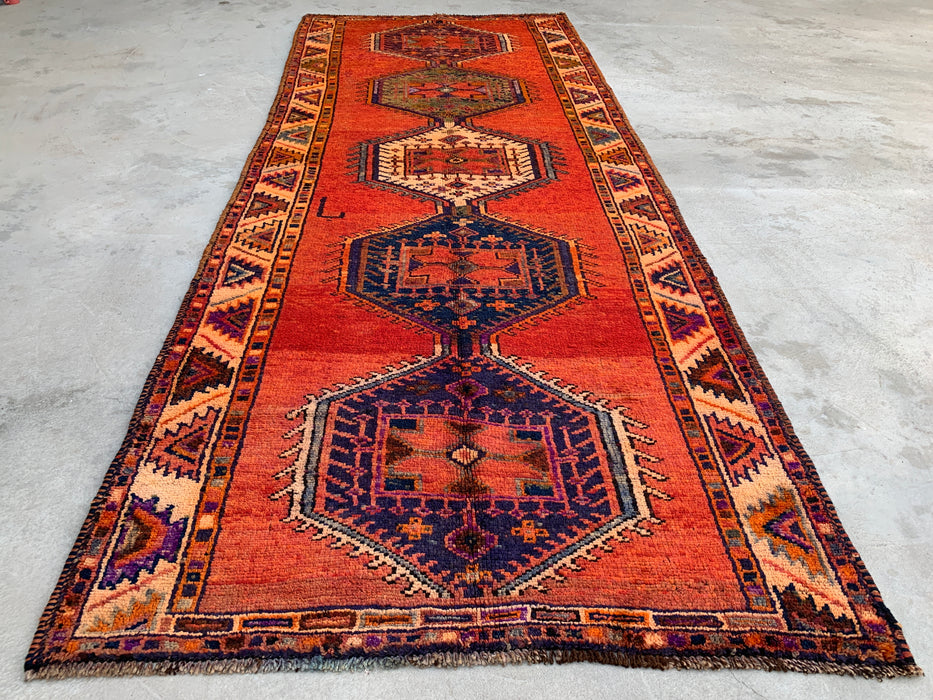 12'3 x 4'10 Hand-Knotted Persian Wool Runner - Rust Geometric Tribal Medallion Design - KBHM-929