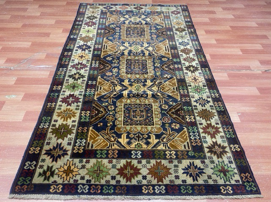 3’11” x 6’8” Hand-Knotted Caucasian Wool Runner – Deep Indigo & Earth Tones