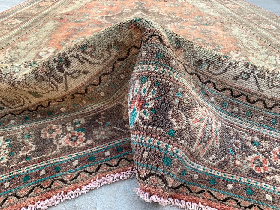 Handmade Persian Wool Area Rug 7x10 - Faded Beige & Peach Vintage Floral Medallion Persian Style Rug - Exact Size 10'3" x 6'5" - KBHM-938