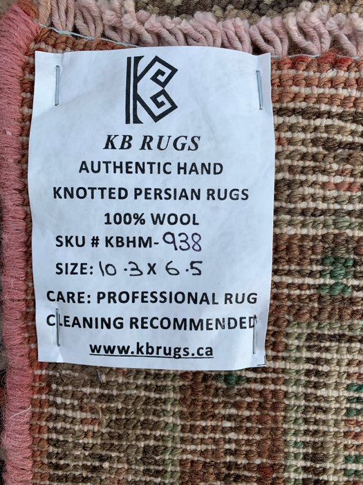 Handmade Persian Wool Area Rug 7x10 - Faded Beige & Peach Vintage Floral Medallion Persian Style Rug - Exact Size 10'3" x 6'5" - KBHM-938