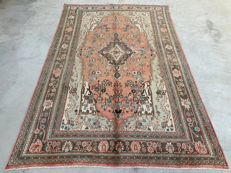 Handmade Persian Wool Area Rug 7x10 - Faded Beige & Peach Vintage Floral Medallion Persian Style Rug - Exact Size 10'3" x 6'5" - KBHM-938