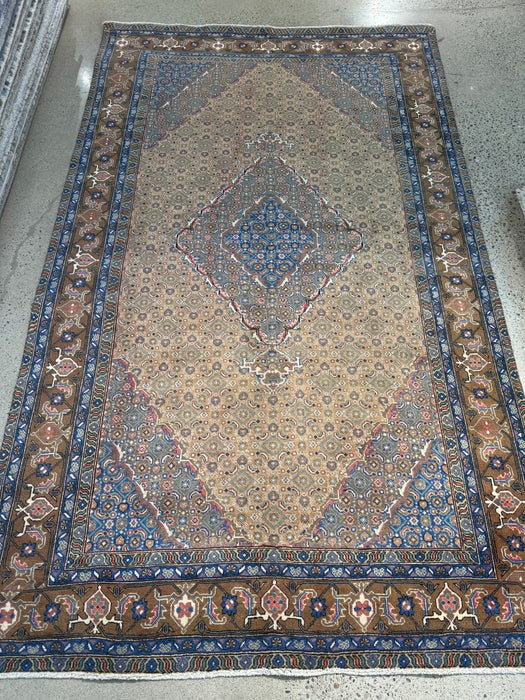 6’4x10’6 Hand-Knotted Persian Wool Rug – Beige & Blue Medallion Design
