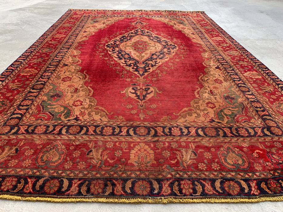 10'8 x 7'1 Hand-Knotted Persian Wool Rug - Faded Red Vintage Medallion Design - KBHM-944