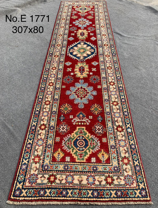 2’6” x 10’1” Hand-Knotted Caucasian Kazak Wool Runner – Deep Red with Tribal Motifs