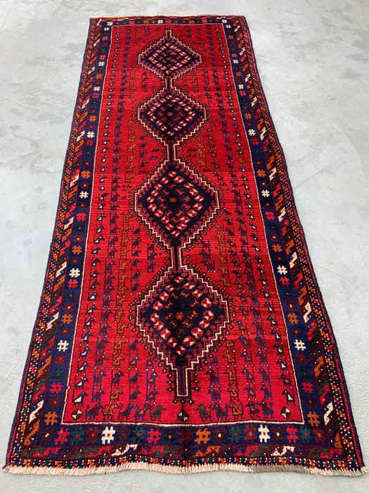 9'1 x 3'7 Hand-Knotted Persian Wool Runner - Red Tribal Diamond Medallion Design - KBHM-945
