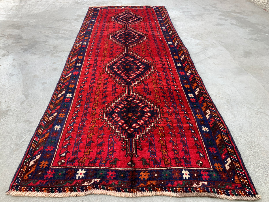 9'1 x 3'7 Hand-Knotted Persian Wool Runner - Red Tribal Diamond Medallion Design - KBHM-945