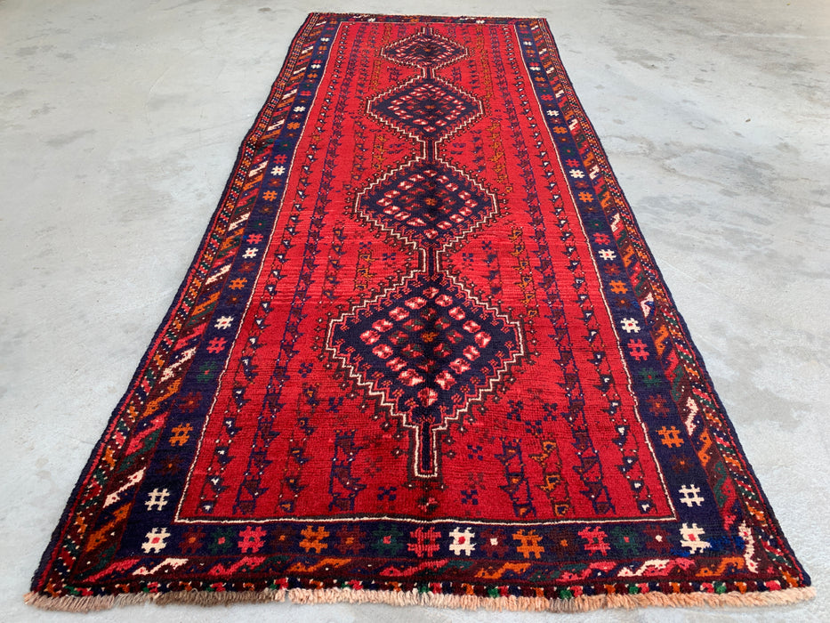 9'1 x 3'7 Hand-Knotted Persian Wool Runner - Red Tribal Diamond Medallion Design - KBHM-945